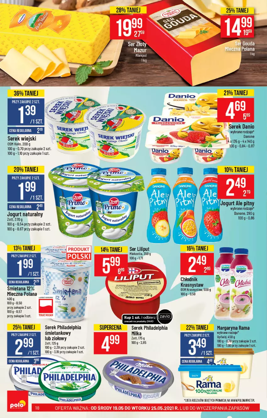 Gazetka promocyjna PoloMarket - Gazetka promocyjna  r - ważna 19.05 do 25.05.2021 - strona 18 - produkty: Danio, Danone, Jogurt, Jogurt naturalny, LANA, Margaryna, Milka, Mleko, Mlekovita, Philadelphia, Rama, Ser, Serek, Serek wiejski, Zott