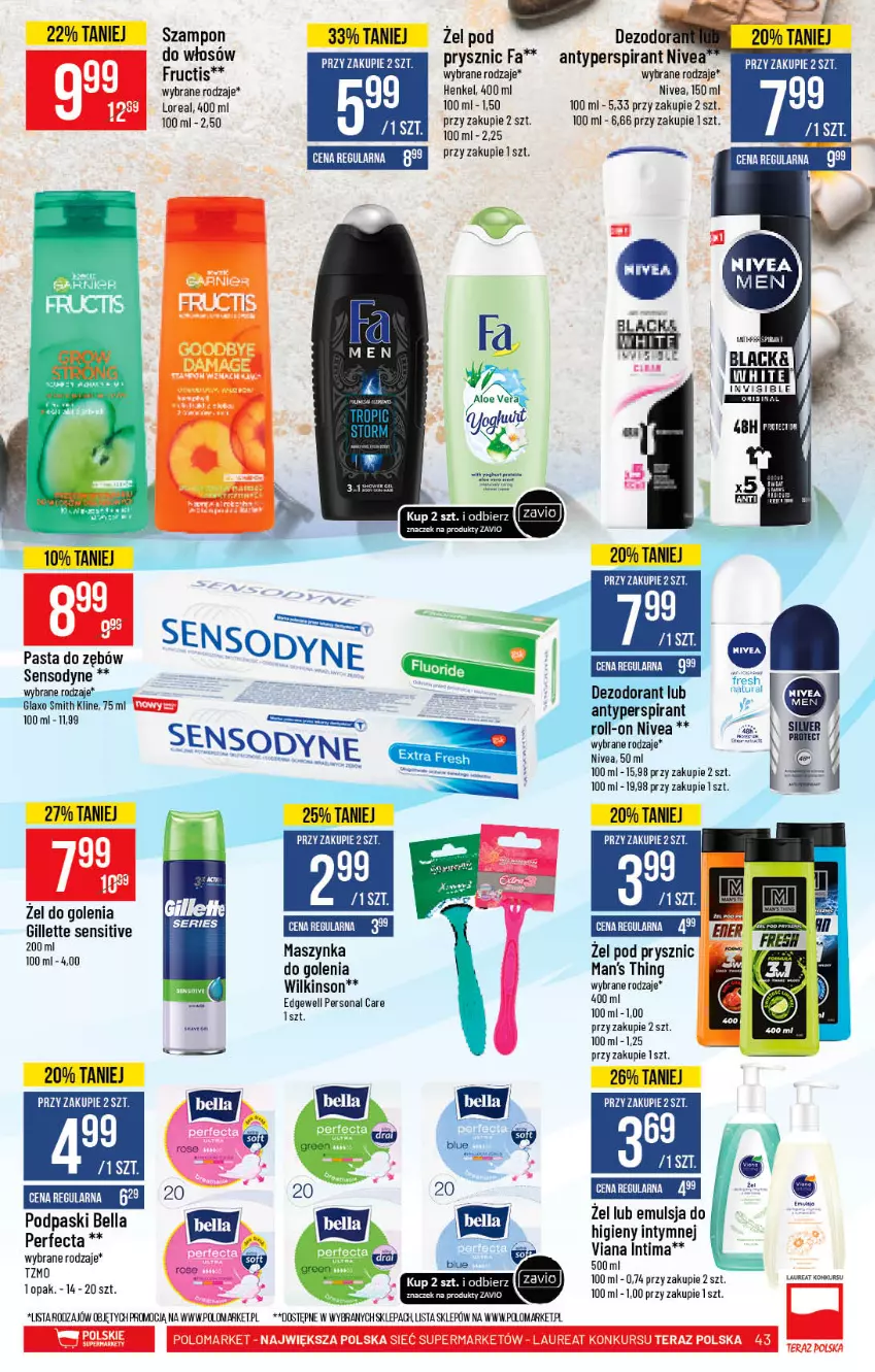 Gazetka promocyjna PoloMarket - Gazetka promocyjna  r - ważna 19.05 do 25.05.2021 - strona 43 - produkty: Antyperspirant, Bell, Bella, Dezodorant, Emulsja, Fa, Fructis, Gillette, Laur, Maszynka, Maszynka do golenia, Nivea, Pasta do zębów, Perfecta, Podpaski, Sensodyne, Szampon, Szynka