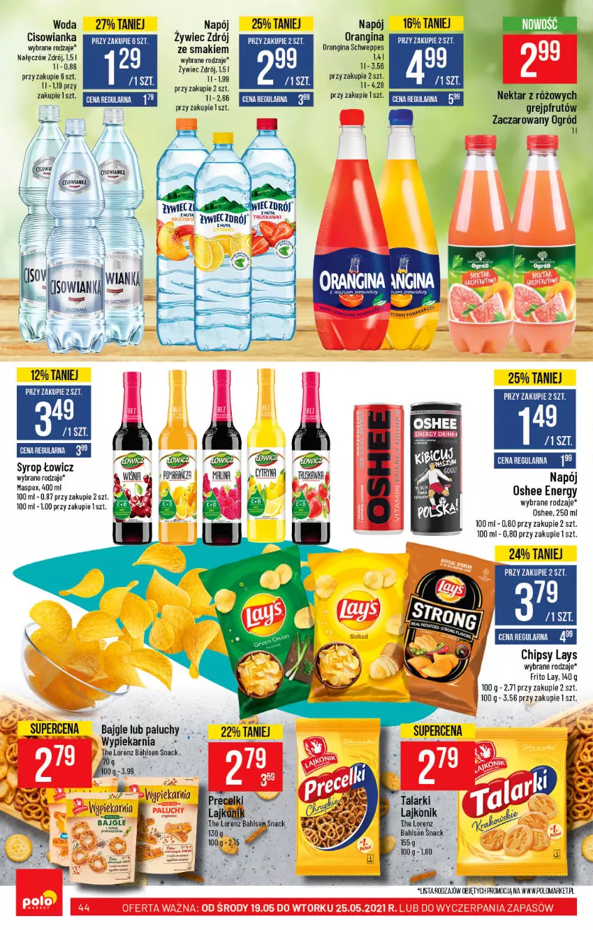 Gazetka promocyjna PoloMarket - Gazetka promocyjna  r - ważna 19.05 do 25.05.2021 - strona 44 - produkty: Bajgle, Chipsy, Cisowianka, Gin, Grejpfrut, Lajkonik, Lorenz, Napój, Nektar, Ogród, Oshee, Precelki, Syrop, Woda