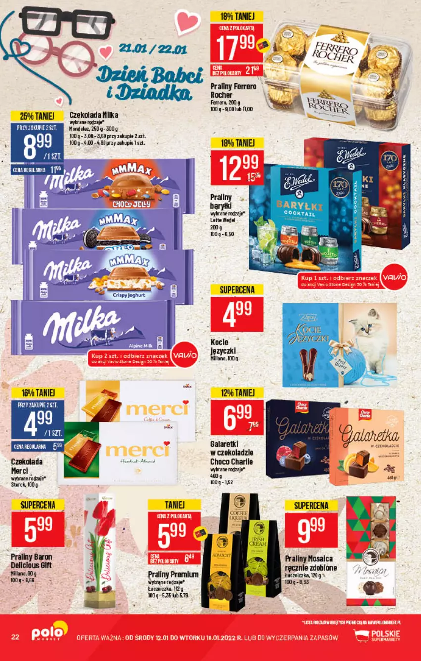 Gazetka promocyjna PoloMarket - Gazetka pomocyjna - ważna 12.01 do 18.01.2022 - strona 22 - produkty: Baryłki, Czekolada, Fa, Ferrero, Ferrero Rocher, Gala, Galaretki, Koc, Merci, Milka, Praliny, Znicz