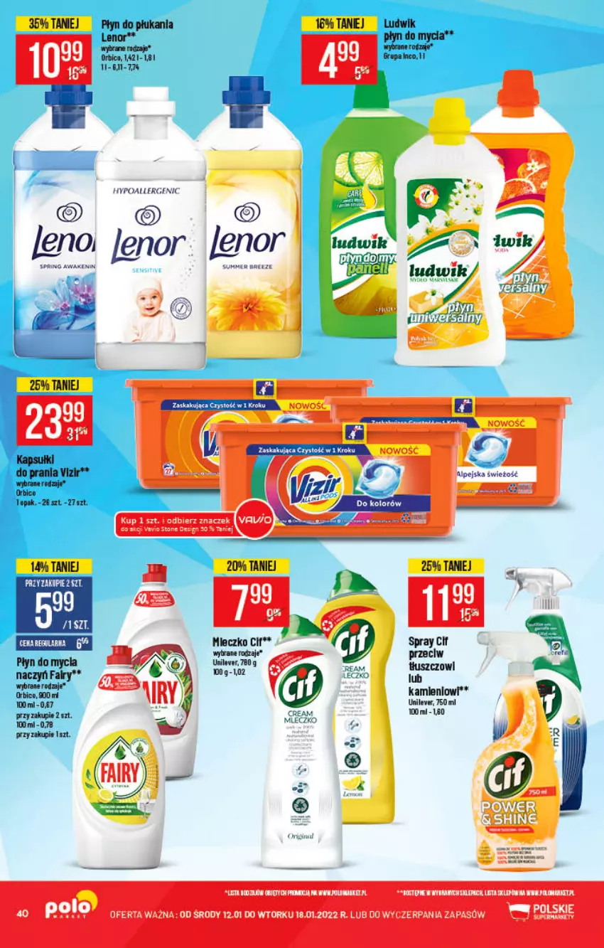 Gazetka promocyjna PoloMarket - Gazetka pomocyjna - ważna 12.01 do 18.01.2022 - strona 40 - produkty: BIC, Cif, Do mycia naczyń, Fa, Kapsułki do prania, Lenor, Ludwik, Miecz, Mleczko, Płyn do mycia, Płyn do mycia naczyń, Płyn do płukania, Vizir