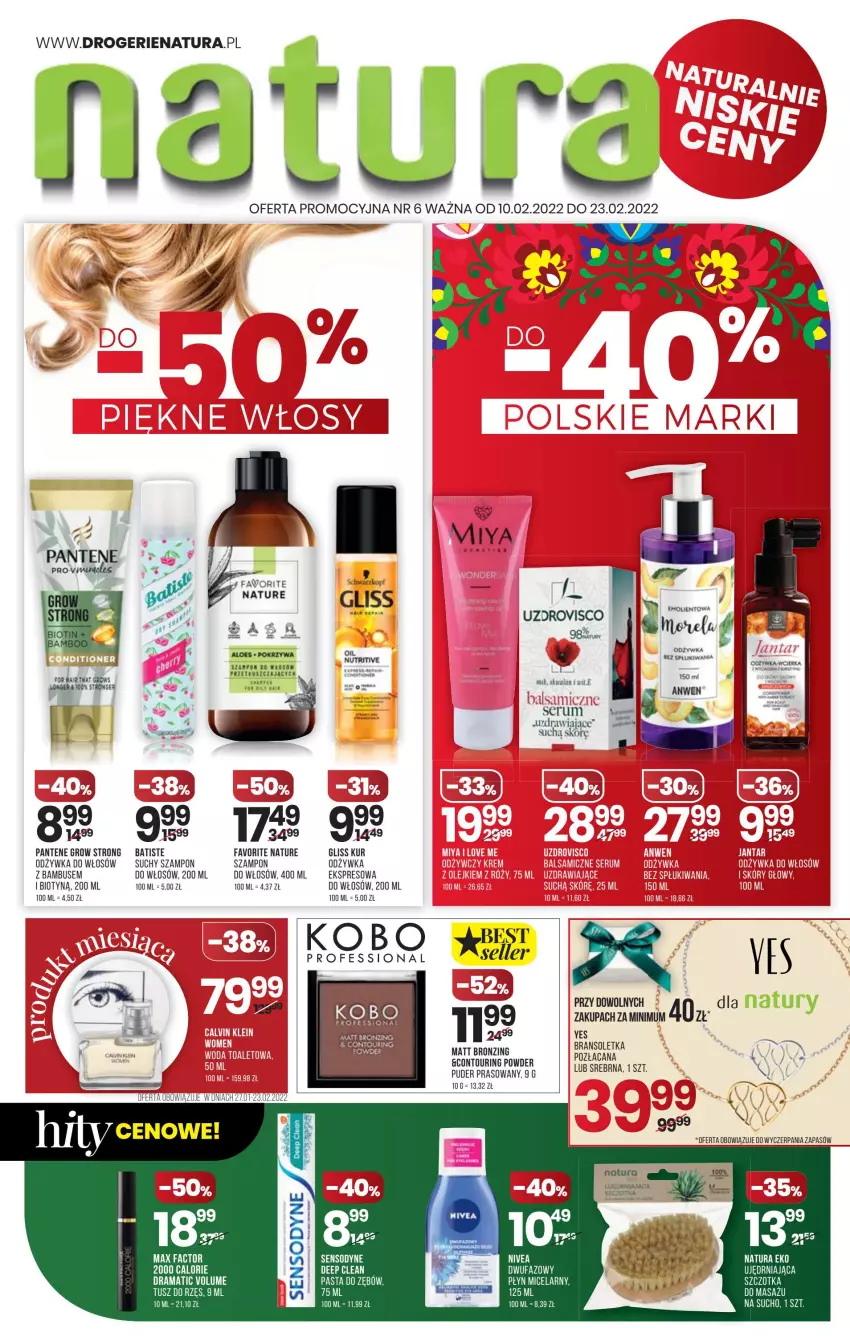 Gazetka promocyjna Drogerie Natura - Gazetka Drogerie Natura - ważna 10.02 do 23.02.2022 - strona 1 - produkty: Batiste, Fa, Gliss Kur, KOBO, Max Factor, Odżywka, Pantene, Pasta do zębów, Płyn micelarny, Puder, Puder prasowany, Rama, Sensodyne, Suchy szampon, Szampon, Szczotka, Tusz