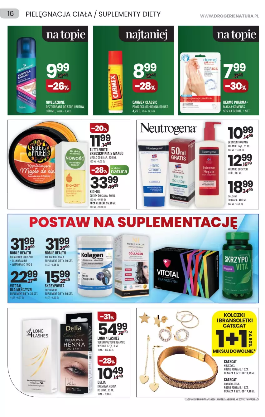 Gazetka promocyjna Drogerie Natura - Gazetka Drogerie Natura - ważna 10.02 do 23.02.2022 - strona 16 - produkty: Balsam do ciała, Bransoletka, Dezodorant, Kolagen, Kolczyki, Krem do rąk, Long 4 Lashes, Mango, Masło, Masło do ciała, Nivelazione, Olej, Olejek do ciała, Suplement diety