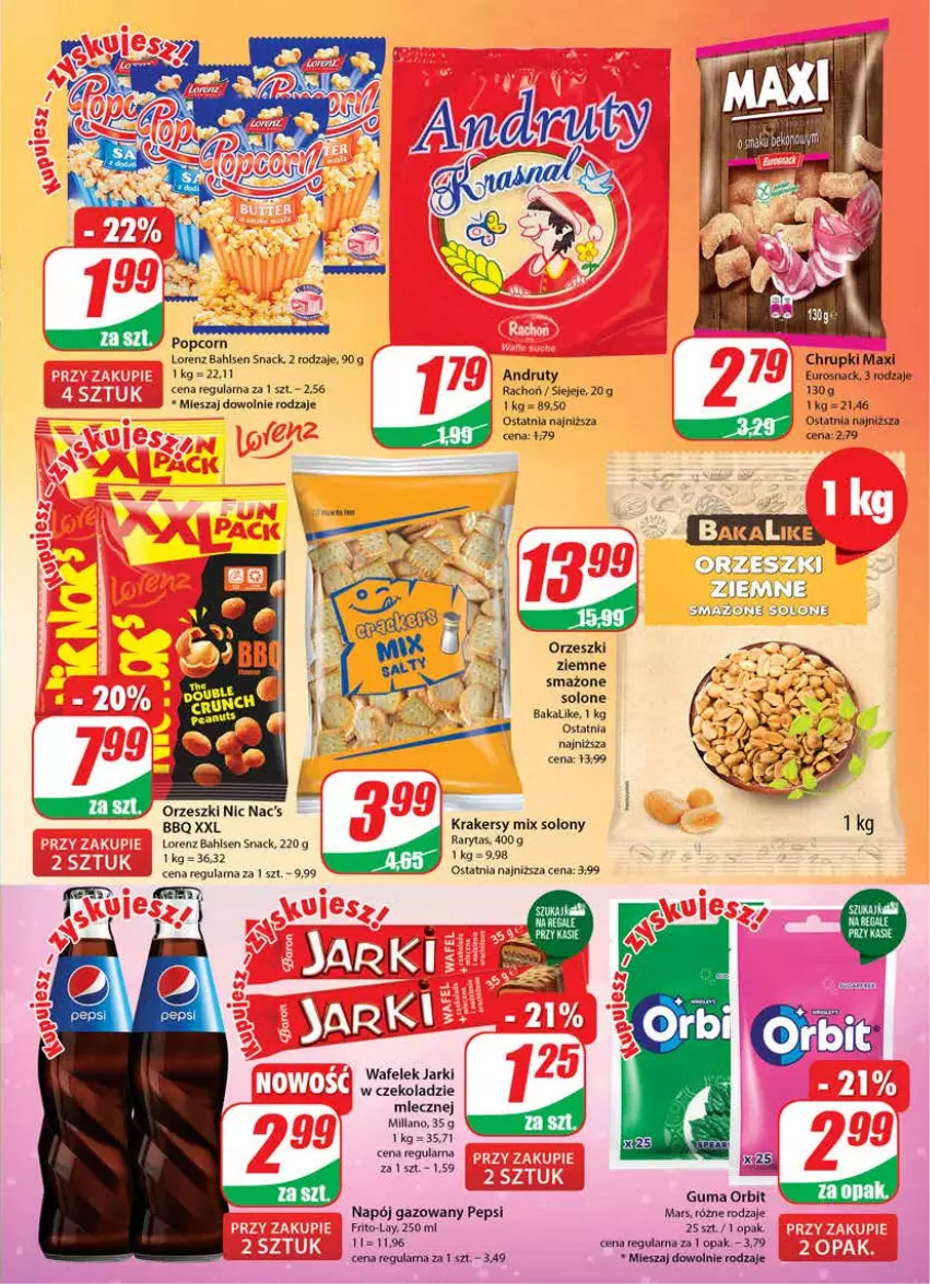 Gazetka promocyjna Dino - Gazetka - ważna 25.01 do 31.01.2023 - strona 17 - produkty: Chrupki, Fa, Krakersy, Lorenz, Mars, Napój, Napój gazowany, Orbit, Orzeszki, Orzeszki ziemne, Pepsi, Popcorn, Wafelek