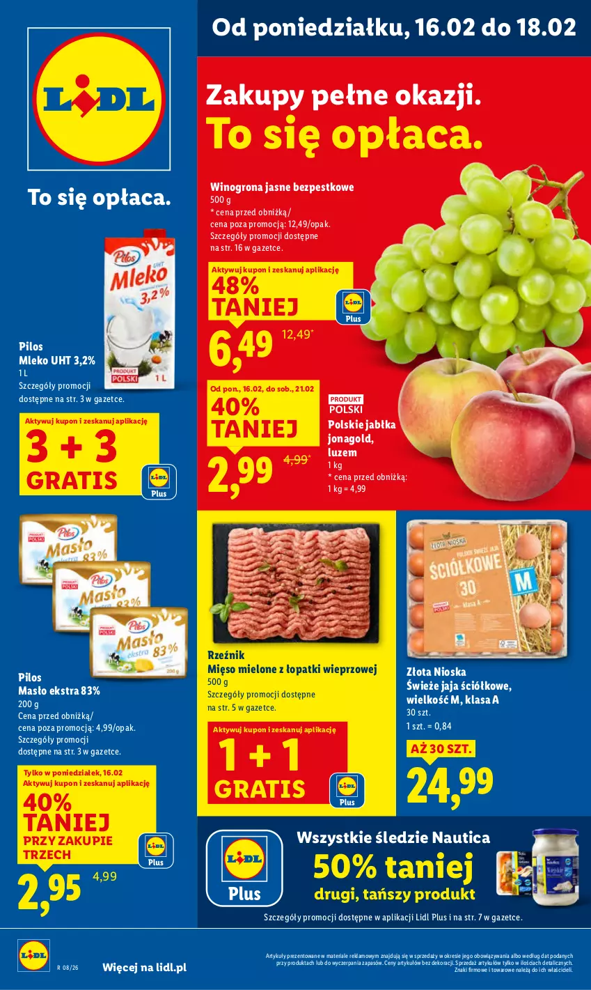 Gazetka promocyjna Lidl - GAZETKA - ważna 16.02 do 18.02.2026 - strona 1 - produkty: Gra, Jabłka, Jaja, Jonagold, Masło, Mięso, Mięso mielone, Mięso mielone z łopatki wieprzowej, Mleko, Pilos, Wino, Winogrona