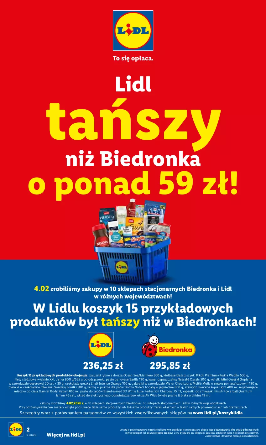 Gazetka promocyjna Lidl - GAZETKA - ważna 16.02 do 18.02.2026 - strona 2 - produkty: Air Wick, Barilla, Blend-a-Med, Body, Bonitki, Deser, Dorsz, Finish, Gala, Galaretki, Garnier, Goplana, Gra, Grześki, Kosz, LANA, Laur, Lindt, Lisner, Mini Grześki, Mleczko, Mleczko do ciała, Nescafé, Paluszki rybne, Pantene, Pesto, Piernik, Pierniki w czekoladzie, PIKOK, Por, Rama, Ser, Szampon, Zmywarki