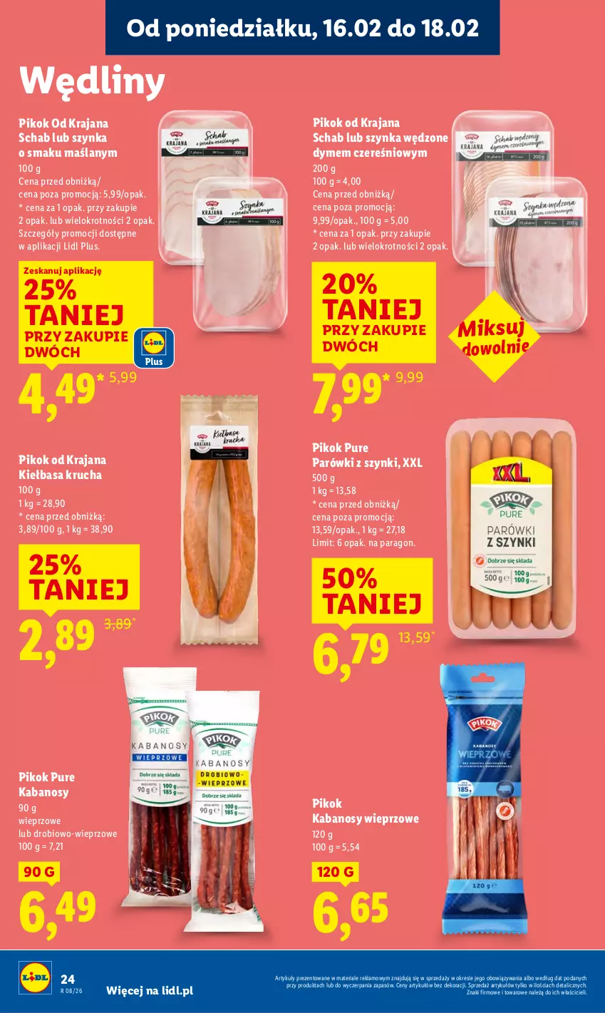 Gazetka promocyjna Lidl - GAZETKA - ważna 16.02 do 18.02.2026 - strona 24 - produkty: Kabanos, Kiełbasa, Kiełbasa krucha, Parówki, Parówki z szynki, PIKOK, Pur, Szynka
