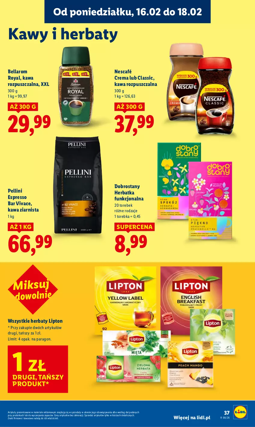 Gazetka promocyjna Lidl - GAZETKA - ważna 16.02 do 18.02.2026 - strona 37 - produkty: Bell, Bella, Kawa, Kawa rozpuszczalna, Kawa ziarnista, Lipton, Nescafé, Torebka