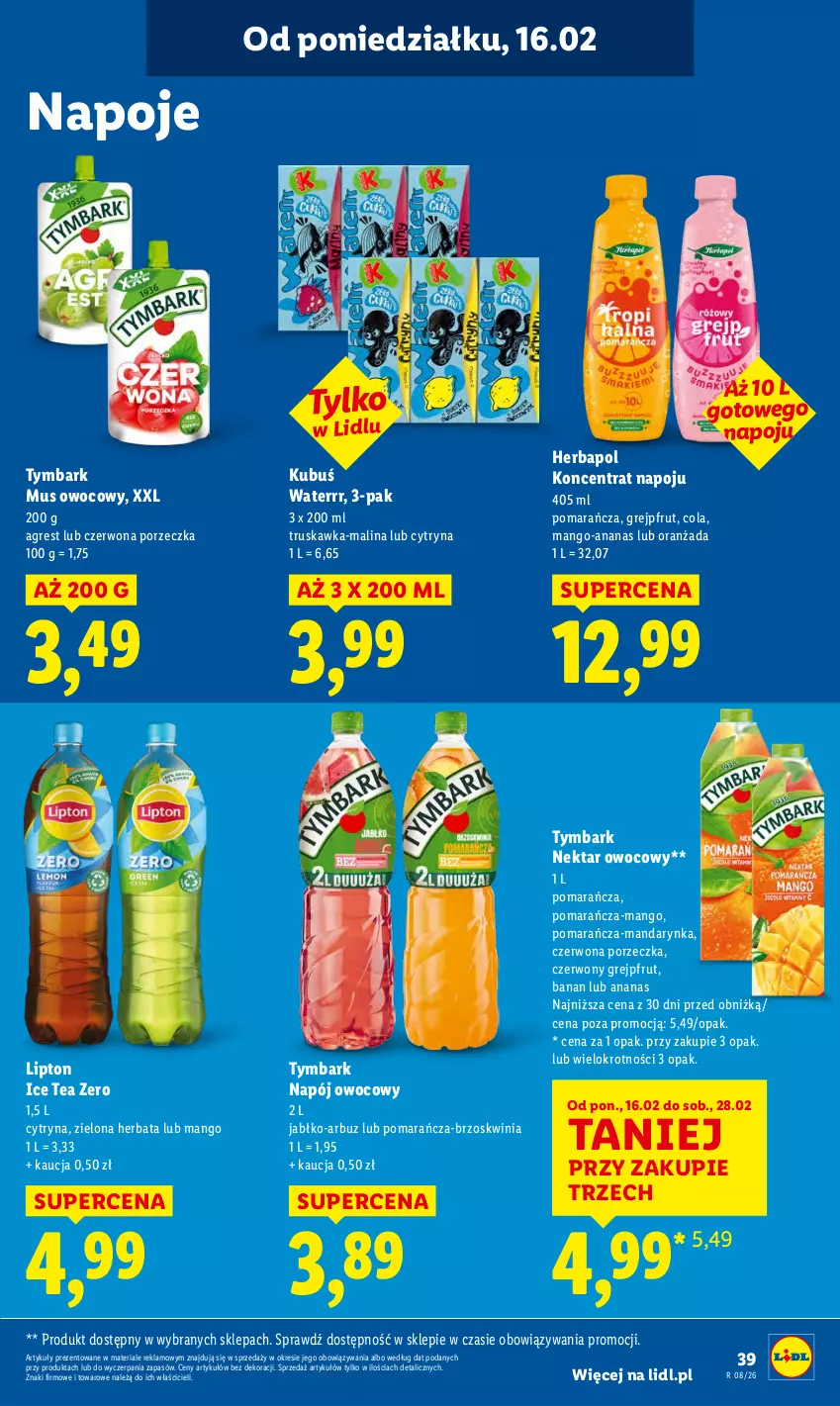 Gazetka promocyjna Lidl - GAZETKA - ważna 16.02 do 18.02.2026 - strona 39 - produkty: Ananas, Arbuz, Grejpfrut, Gres, Herbapol, Herbata, Ice tea, Kubuś, Kubuś Waterrr, Lipton, Mango, Mus, Napój, Napoje, Nektar, Oranżada, Por, Tymbark