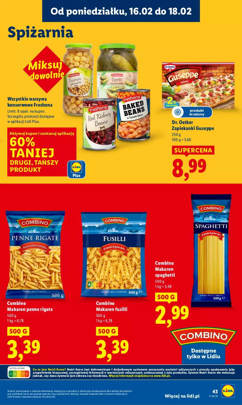 Gazetka promocyjna Lidl - GAZETKA - ważna 16.02 do 18.02.2026 - strona 43 - produkty: Dr. Oetker, Makaron, Penne, Ser, Spaghetti, Warzywa, Warzywa konserwowe