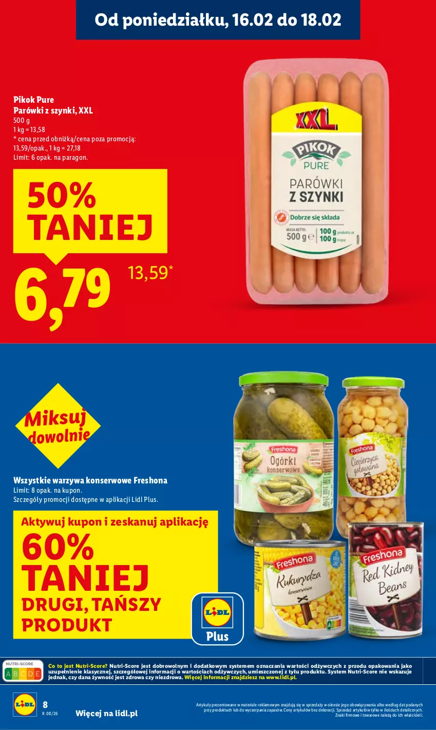 Gazetka promocyjna Lidl - GAZETKA - ważna 16.02 do 18.02.2026 - strona 8 - produkty: Parówki, Parówki z szynki, PIKOK, Pur, Ser, Warzywa, Warzywa konserwowe