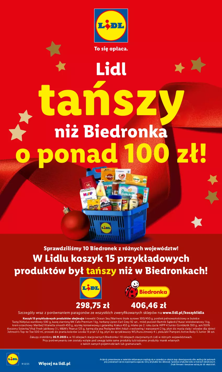 Gazetka promocyjna Lidl - GAZETKA - ważna 22.12 do 27.12.2025 - strona 2 - produkty: Aktiplus, Dzieci, Earl Grey, Gala, Gra, HiPP, Kosz, Krakus, Krem orzechowy, Krewetki, Lipton, Lovela, Miód, Mleko, Pampers, Pedigree, Płyn do mycia, Płyn do spryskiwaczy, Por, Proszek do prania, Rama, Ser, Sok, Top, Warzywa