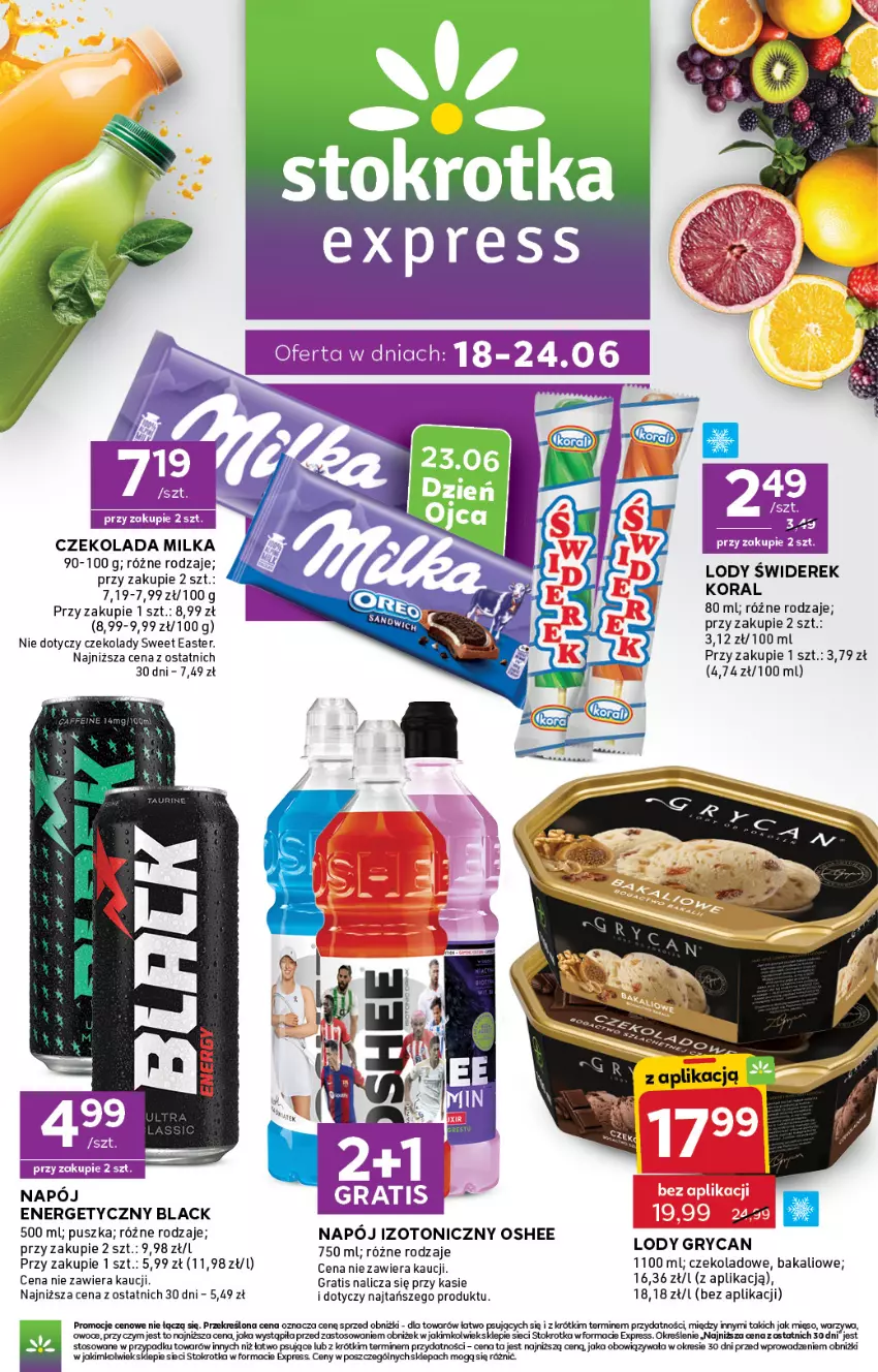 Gazetka promocyjna Stokrotka - Express - ważna 18.06 do 24.06.2026 - strona 1 - produkty: Czekolada, Gra, Gry, Lack, Lody, Mięso, Milka, Napój, Napój izotoniczny, Oshee, Owoce