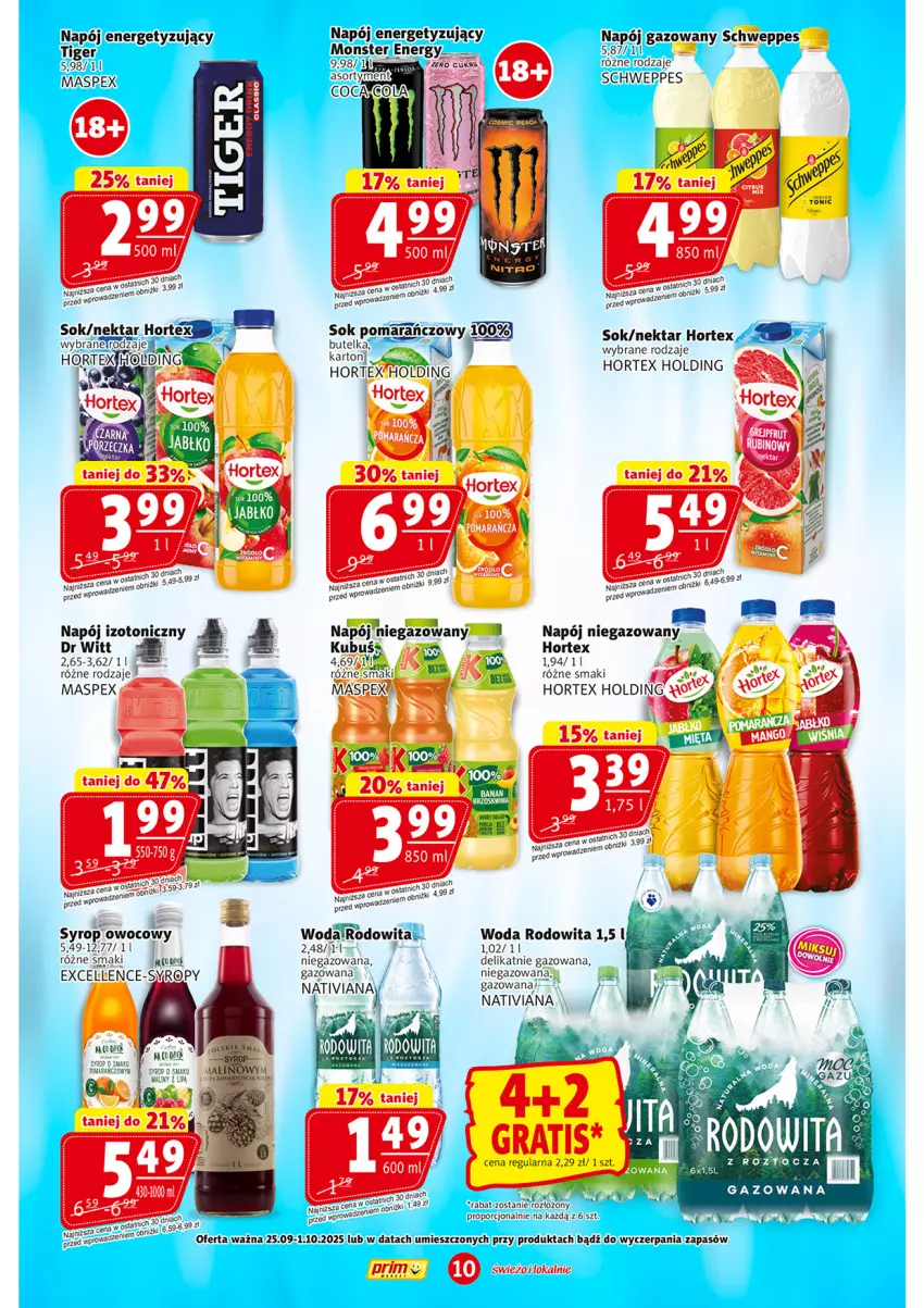 Gazetka promocyjna Prim Market - ważna 25.09 do 01.10.2025 - strona 10 - produkty: Hortex, Kubuś, Napój, Napój gazowany, Napój izotoniczny, Napój niegazowany, Nektar, Por, Rubin, Schweppes, Sok, Syrop, Syropy, Tiger, Woda