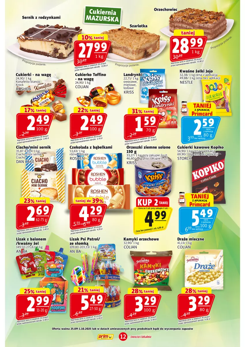 Gazetka promocyjna Prim Market - ważna 25.09 do 01.10.2025 - strona 12 - produkty: Cukier, Cukierki, Czekolada, Orzeszki, Orzeszki ziemne, Psi Patrol, Ser, Szarlotka, Toffino