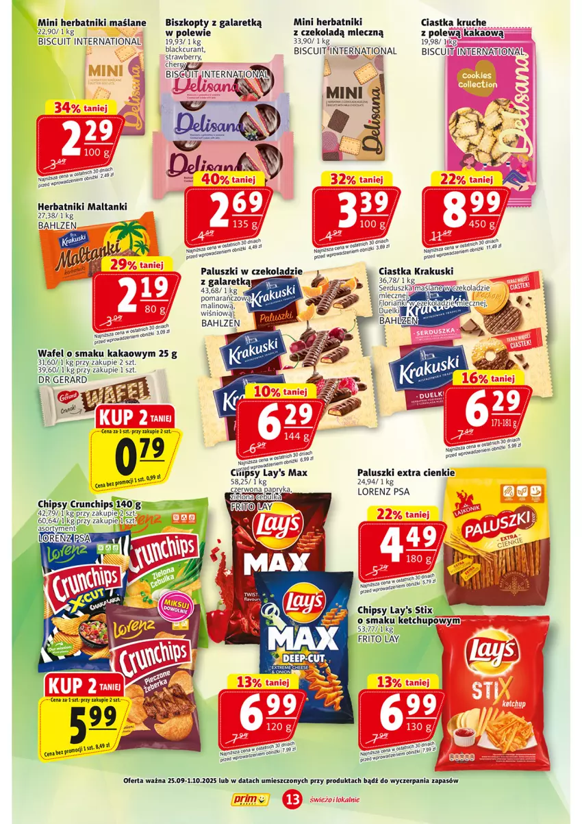 Gazetka promocyjna Prim Market - ważna 25.09 do 01.10.2025 - strona 13 - produkty: Biszkopty, Chipsy, Ciastka, Crunchips, Gala, Herbatniki, Kakao, Krakus, Krakuski, Lorenz, Miecz, Por