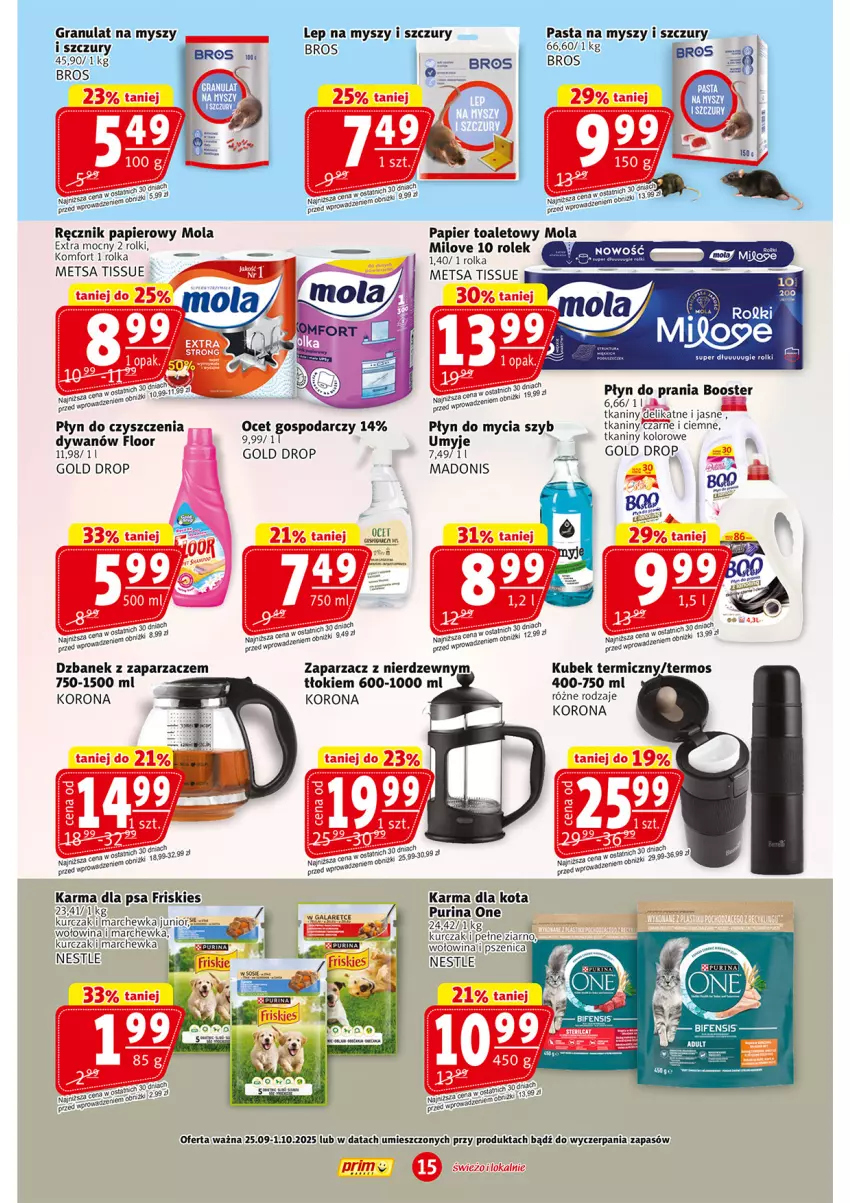 Gazetka promocyjna Prim Market - ważna 25.09 do 01.10.2025 - strona 15 - produkty: Booster, Dywan, Dzbanek, Friskies, Gra, Kubek, Kubek termiczny, Kurczak, Marchewka, Mola, Mysz, Ocet, Papier, Papier toaletowy, Płyn do mycia, Płyn do prania, Pur, Purina, Ręcznik, Rolki, Termos, Wołowina, Zaparzacz