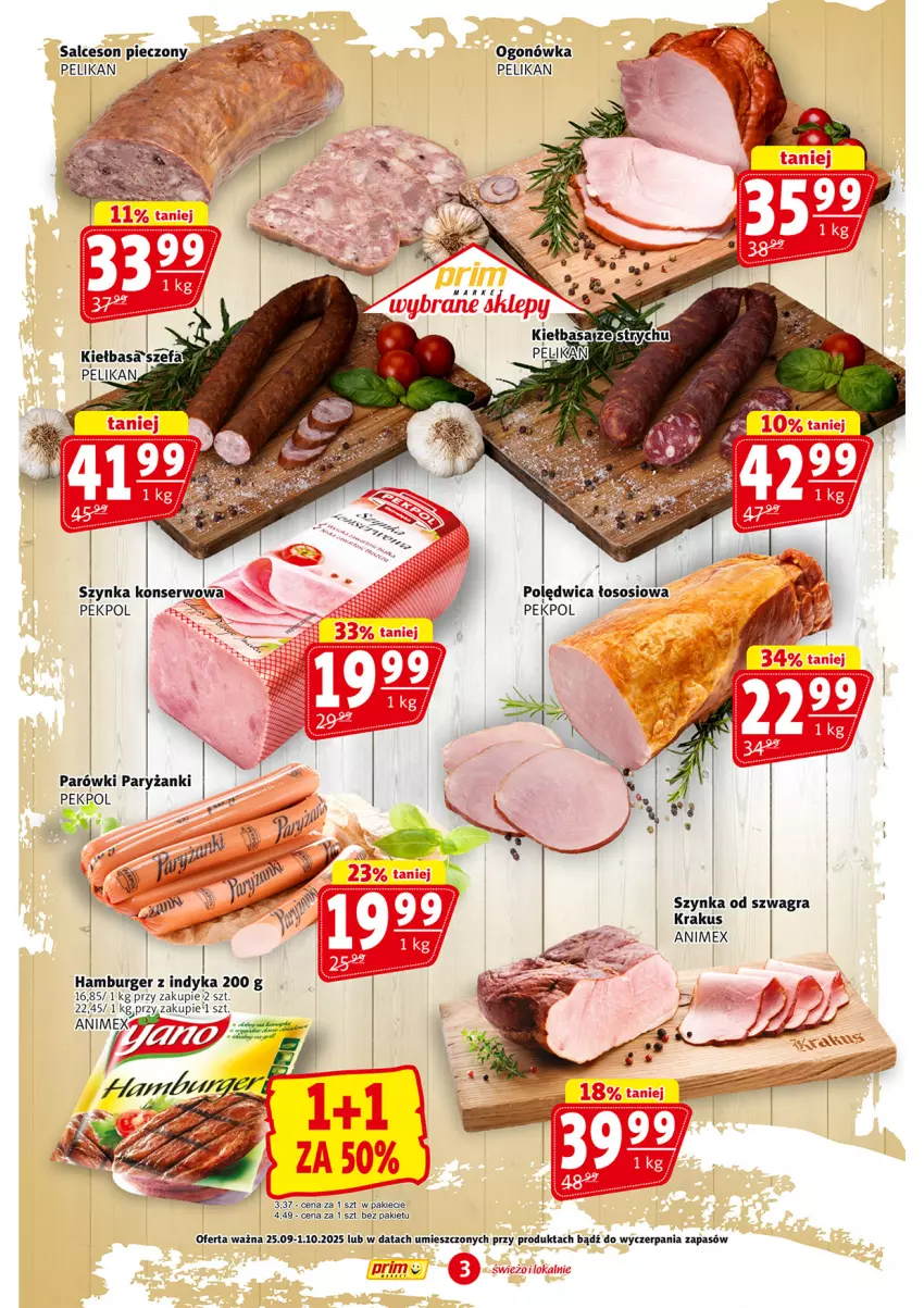 Gazetka promocyjna Prim Market - ważna 25.09 do 01.10.2025 - strona 3 - produkty: Burger, Fa, Gra, Hamburger, Kiełbasa, Krakus, Ogonówka, Parówki, Pekpol, Piec, Polędwica, Ryż, Salceson, Ser, Sos, Szynka, Szynka konserwowa