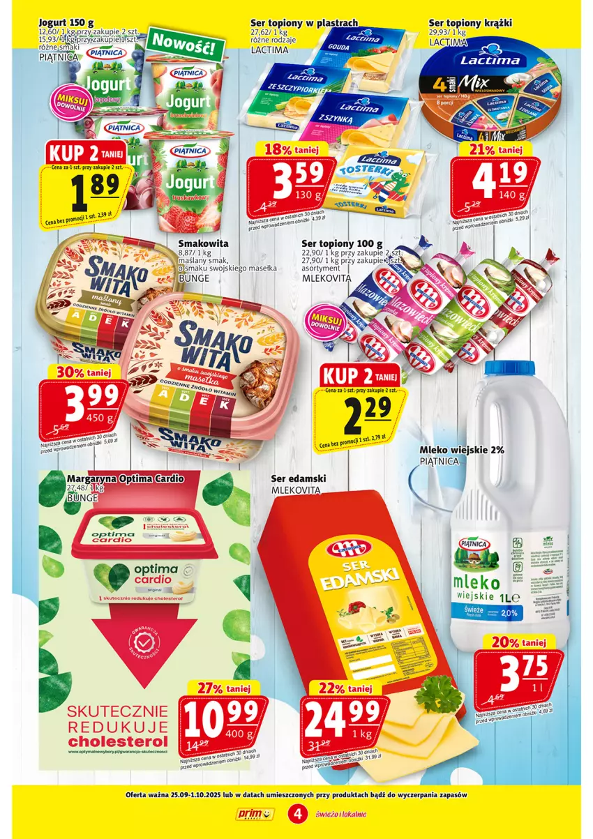 Gazetka promocyjna Prim Market - ważna 25.09 do 01.10.2025 - strona 4 - produkty: Edam, Jogurt, Mleko, Mlekovita, Optima, Piątnica, Ser, Ser topiony, Smakowita, Top