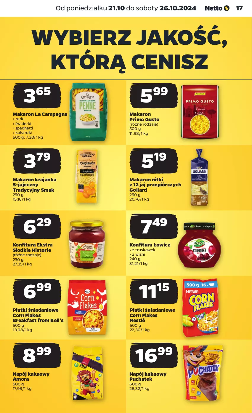 Gazetka promocyjna Netto - Netto Gazetka Food 43/24A - ważna 21.10 do 26.10.2024 - strona 17 - produkty: Bell, Corn flakes, Danio, Fa, Goliard, Kakao, Makaron, Napój, Nestlé, Rurki, Spaghetti