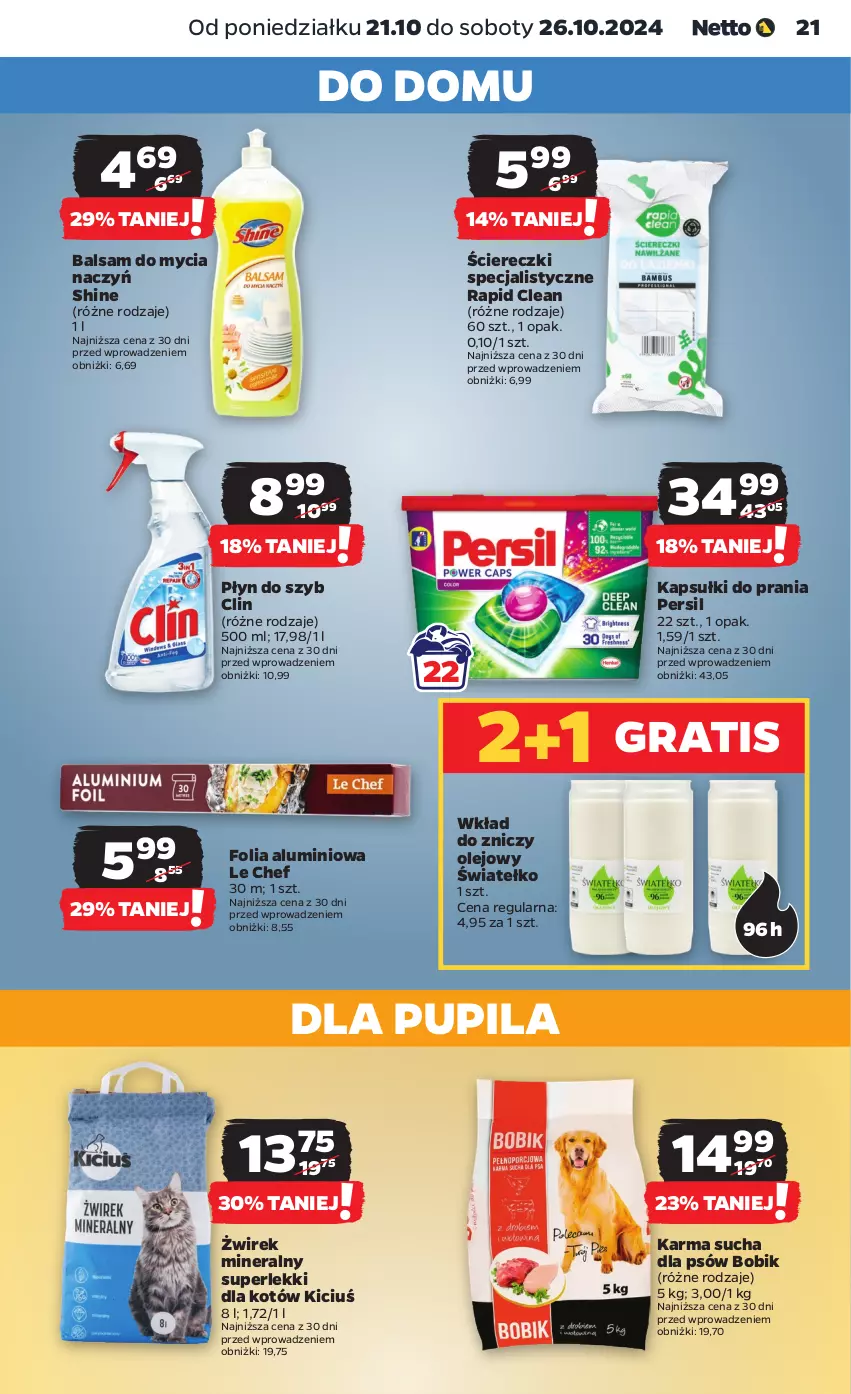 Gazetka promocyjna Netto - Netto Gazetka Food 43/24A - ważna 21.10 do 26.10.2024 - strona 21 - produkty: Balsam do mycia naczyń, Clin, Do mycia naczyń, Folia aluminiowa, Gra, Kapsułki do prania, Olej, Persil, Płyn do szyb, Znicz