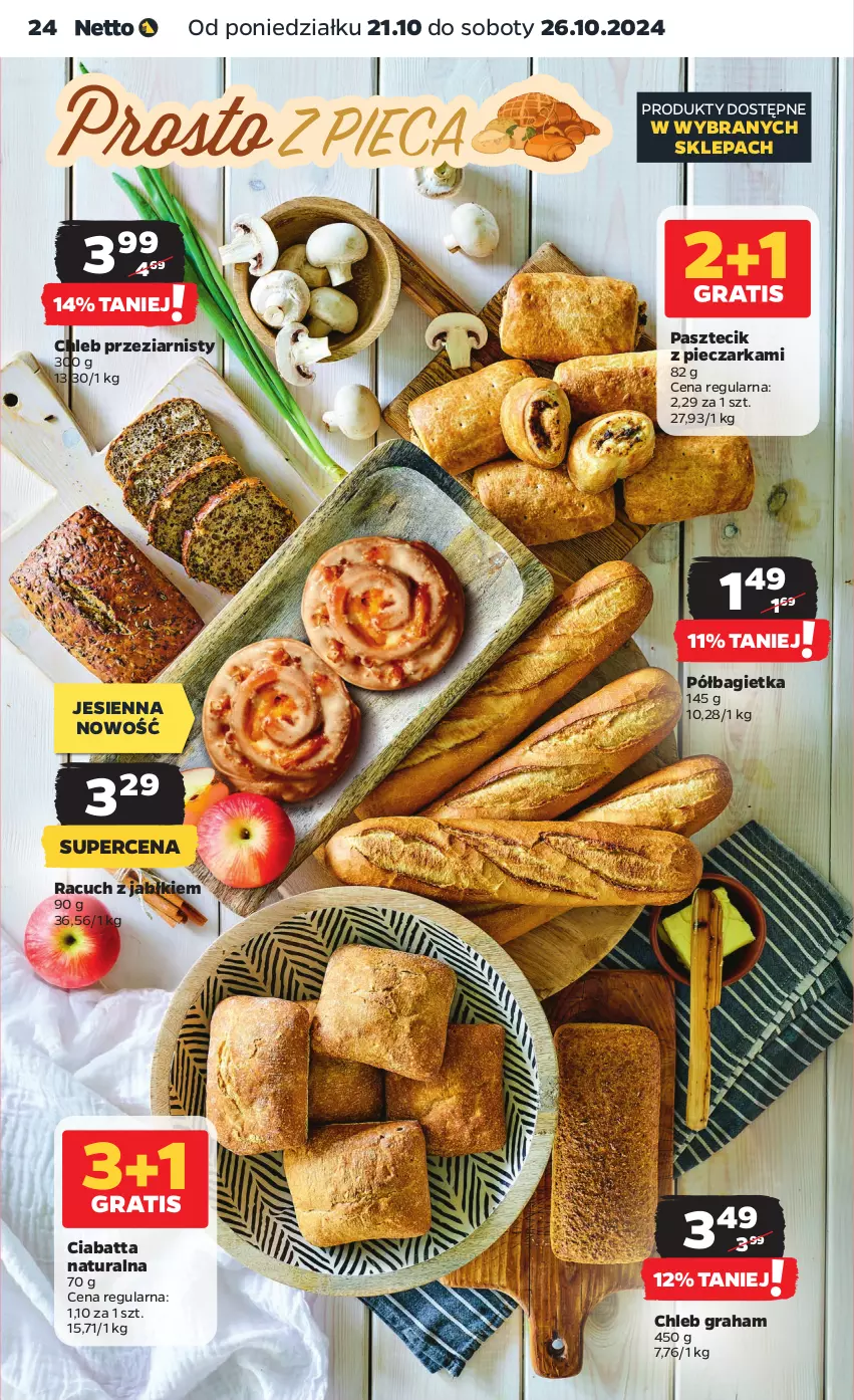 Gazetka promocyjna Netto - Netto Gazetka Food 43/24A - ważna 21.10 do 26.10.2024 - strona 24 - produkty: Bagietka, Chleb, Ciabatta, Gra, Pasztecik z pieczarkami, Piec, Pieczarka, Półbagietka