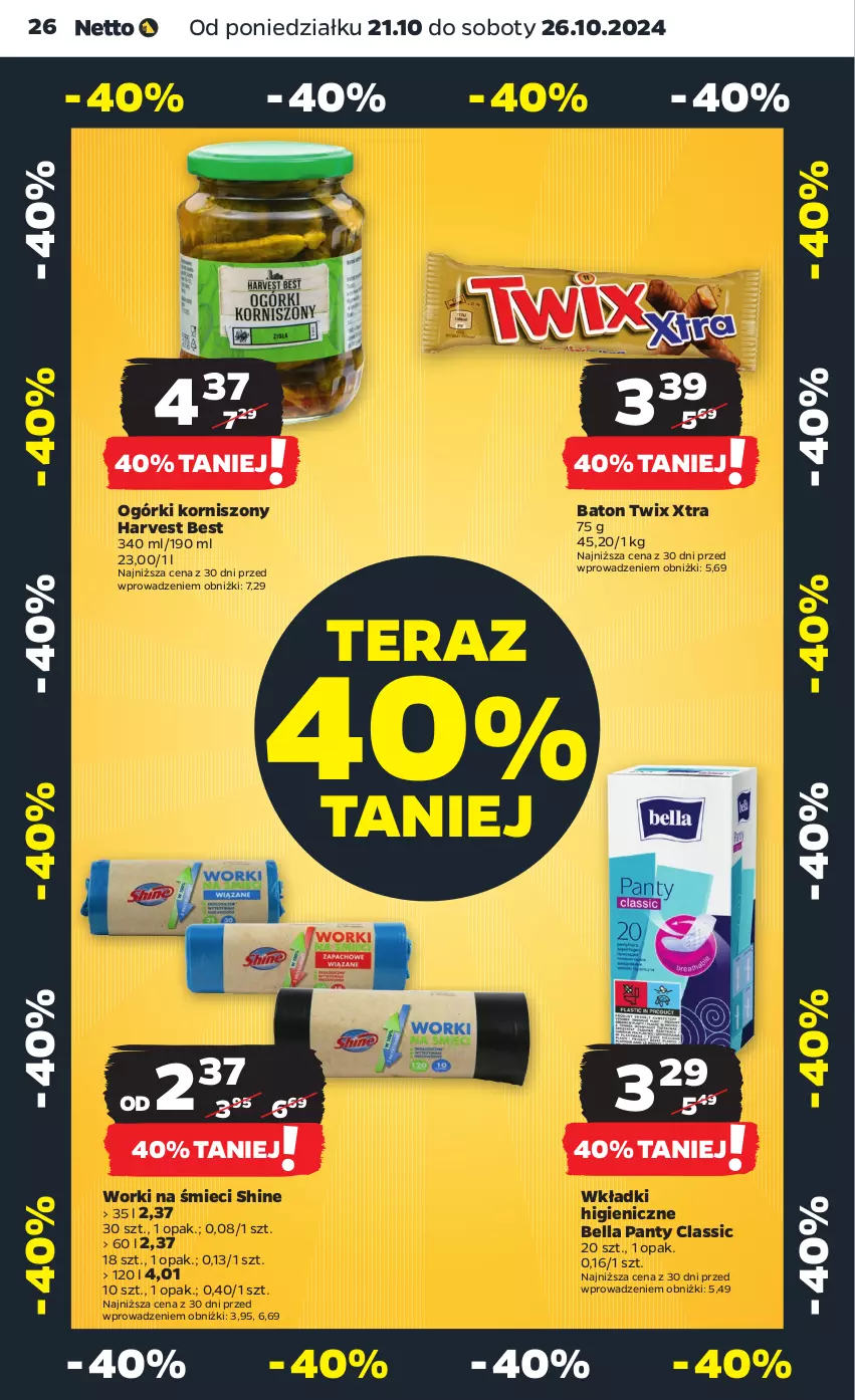 Gazetka promocyjna Netto - Netto Gazetka Food 43/24A - ważna 21.10 do 26.10.2024 - strona 26 - produkty: Baton, Bell, Bella, Korniszony, Tera, Twix, Wkładki, Worki na śmiec, Worki na śmieci