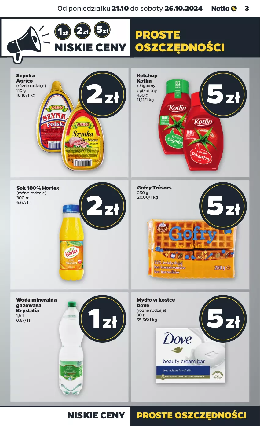 Gazetka promocyjna Netto - Netto Gazetka Food 43/24A - ważna 21.10 do 26.10.2024 - strona 3 - produkty: Dove, Gofry, Hortex, Ketchup, Kotlin, Mydło, Sok, Szynka, Woda, Woda mineralna