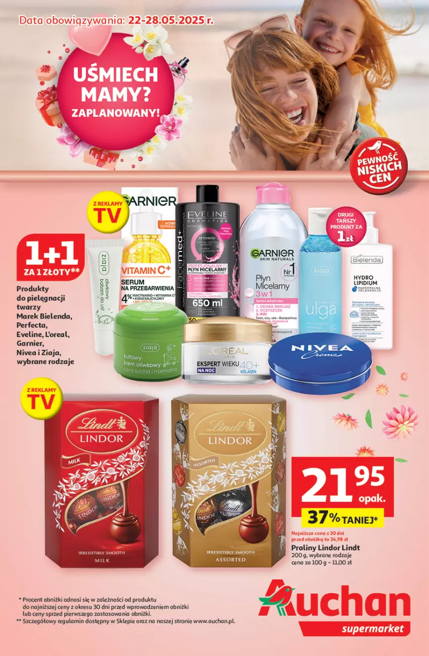 Gazetka promocyjna Auchan - Uśmiech mamy? Zaplanowany! Supermarket - ważna 22.05 do 28.05.2025 - strona 1 - produkty: Bielenda, Eveline, Garnier, Lindor, Lindt, Nivea, Perfecta, Praliny, Rum, Ser, Serum, Ziaja