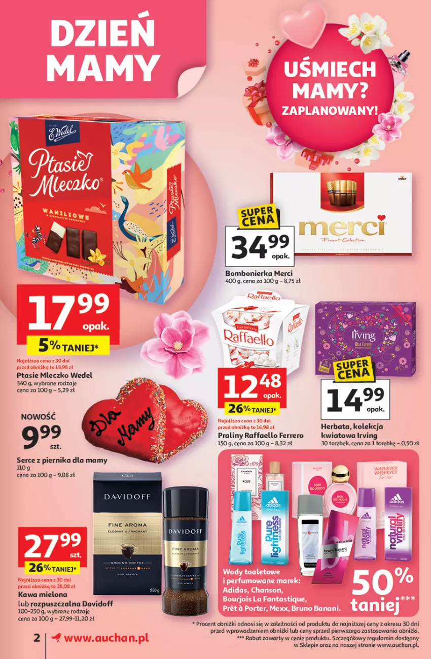 Gazetka promocyjna Auchan - Uśmiech mamy? Zaplanowany! Supermarket - ważna 22.05 do 28.05.2025 - strona 2 - produkty: Davidoff, Fa, Ferrero, Gra, Herbata, Irving, Kawa, Kawa mielona, Merci, Mleczko, Piernik, Praliny, Ptasie mleczko, Raffaello, Ser