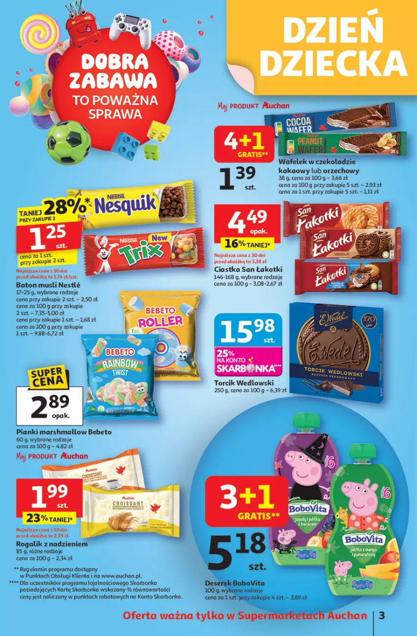 Gazetka promocyjna Auchan - Uśmiech mamy? Zaplanowany! Supermarket - ważna 22.05 do 28.05.2025 - strona 3 - produkty: Baton, BoboVita, Ciastka, Deser, Gra, Kakao, Mars, Mus, Rogal, Roller, Ser, Serek, Wafelek