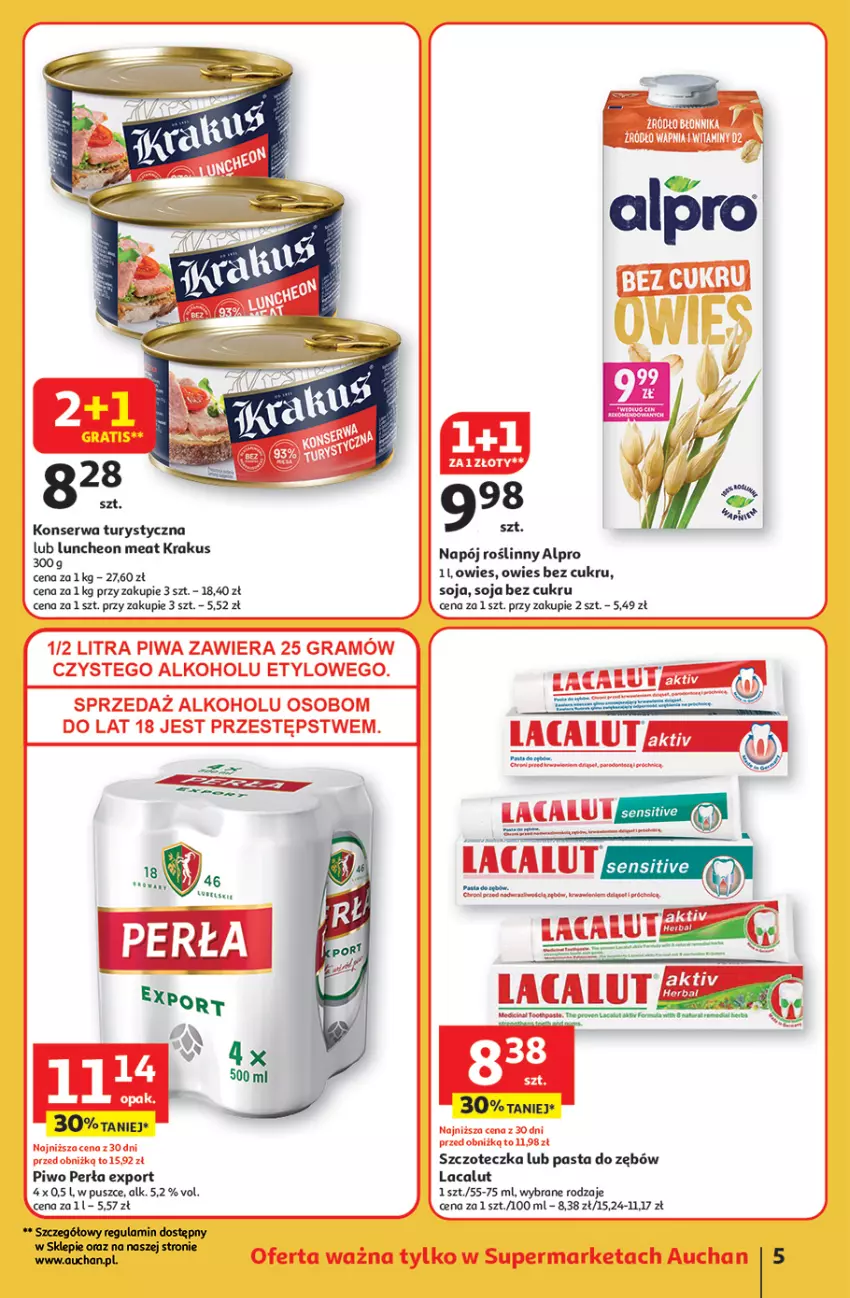Gazetka promocyjna Auchan - Uśmiech mamy? Zaplanowany! Supermarket - ważna 22.05 do 28.05.2025 - strona 5 - produkty: Alpro, Gra, Kamis, Konserwa turystyczna, Krakus, Lacalut, Napój, Napój roślinny, Pasta do zębów, Perła, Piwa, Piwo, Por, Ser, Szczoteczka