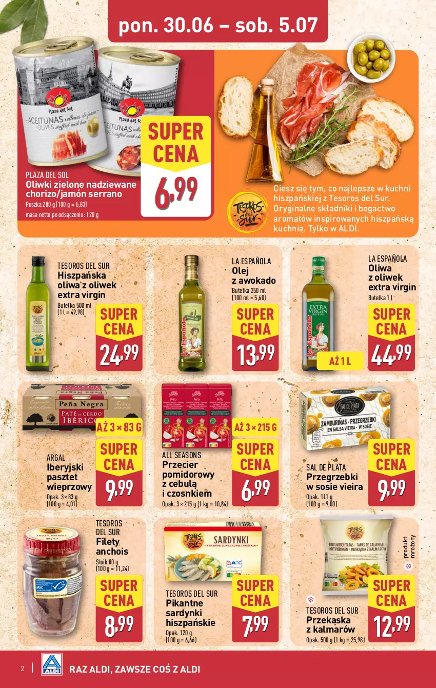 Gazetka promocyjna Aldi - Tydzień Hiszpański - ważna 30.06 do 05.07.2025 - strona 2 - produkty: All Seasons, Gin, Jamón serrano, Kalmar, Olej, Oliwa, Oliwa z oliwek, Oliwki, Oliwki zielone, Pasztet, Sardynki, Ser, Sos
