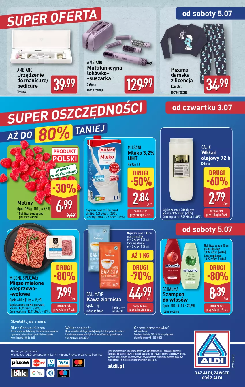 Gazetka promocyjna Aldi - Tydzień Hiszpański - ważna 30.06 do 05.07.2025 - strona 4 - produkty: Biuro, Dallmayr, Kawa, Kawa ziarnista, Maliny, Mięsne specjały, Mięso, Mięso mielone, Mleko, O nas, Olej, Piżama, Por, Schauma, Suszarka, Szampon, Wkład olejowy