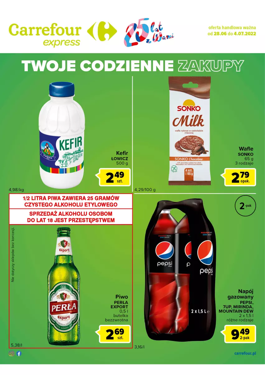 Gazetka promocyjna Carrefour - Gazetka Express - ważna 28.06 do 04.07.2022 - strona 2 - produkty: 7up, Gra, Kefir, Mirinda, Napój, Napój gazowany, Pepsi, Perła, Piwa, Piwo, Por, Sonko, Wafle