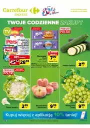 Gazetka promocyjna Carrefour - Gazetka Express - Gazetka - ważna od 04.07 do 04.07.2022 - strona 1 - produkty: Kalafior, Persil, Kosz, Winogrona, Czekolada, Brzoskwinie, Kapsułki do prania, Wino, Milka