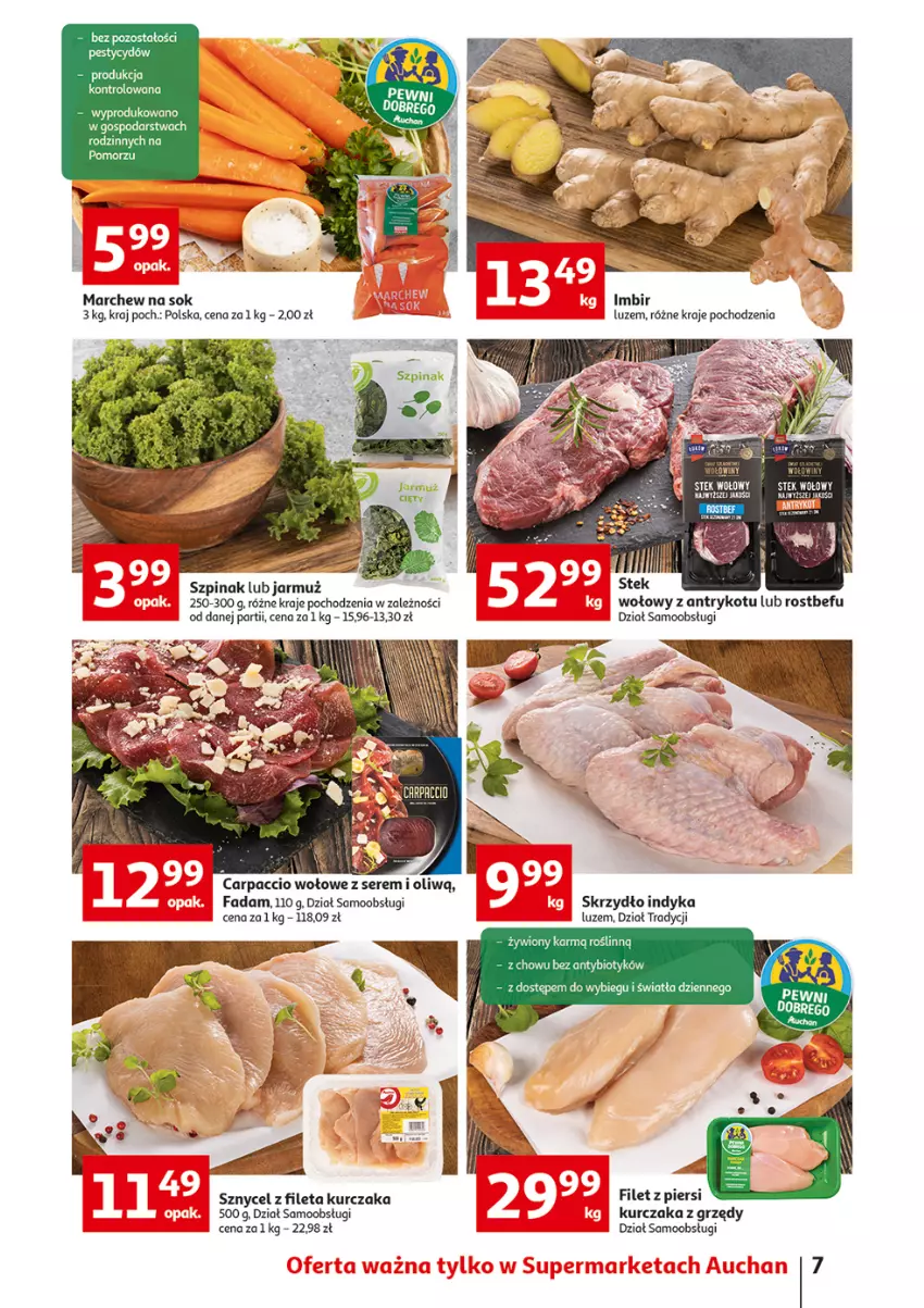 Gazetka promocyjna Auchan - przeNISKIE CENY Jedz zdrowo i czuj się pięknie Supermarkety - ważna 10.03 do 16.03.2022 - strona 7 - produkty: Carpaccio, Fa, Imbir, Jarmuż, Kurczak, Rostbef, Ser, Sok, Stek, Stek wołowy, Szpinak