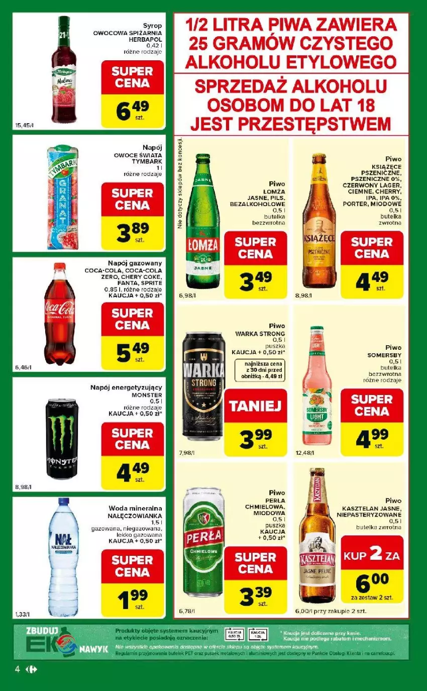 Gazetka promocyjna Carrefour - Gazetka Express - ważna 26.05 do 01.06.2026 - strona 4 - produkty: Coca-Cola, Fa, Fanta, Herbapol, Nałęczowianka, Napój, Napój gazowany, Owoce, Perła, Piwo, Por, Sprite, Syrop, Tymbark, Warka, Woda, Woda mineralna