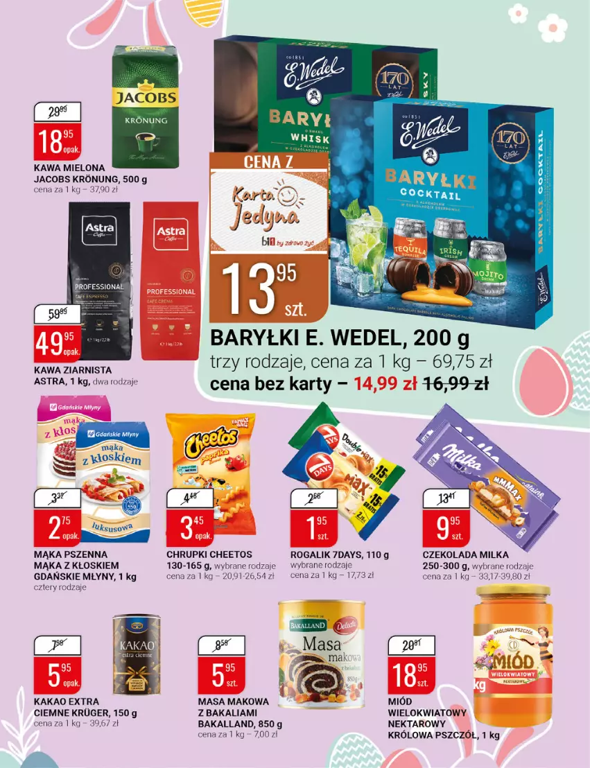 Gazetka promocyjna Bi1 - Wielkanoc pełna smaku - ważna 30.03 do 05.04.2022 - strona 13 - produkty: Bakalland, Baryłki, Cheetos, Chrupki, Czekolada, E. Wedel, Jacobs, Kakao, Kawa, Kawa mielona, Kawa ziarnista, Mąka, Mąka pszenna, Milka, Miód, Nektar, Rogal