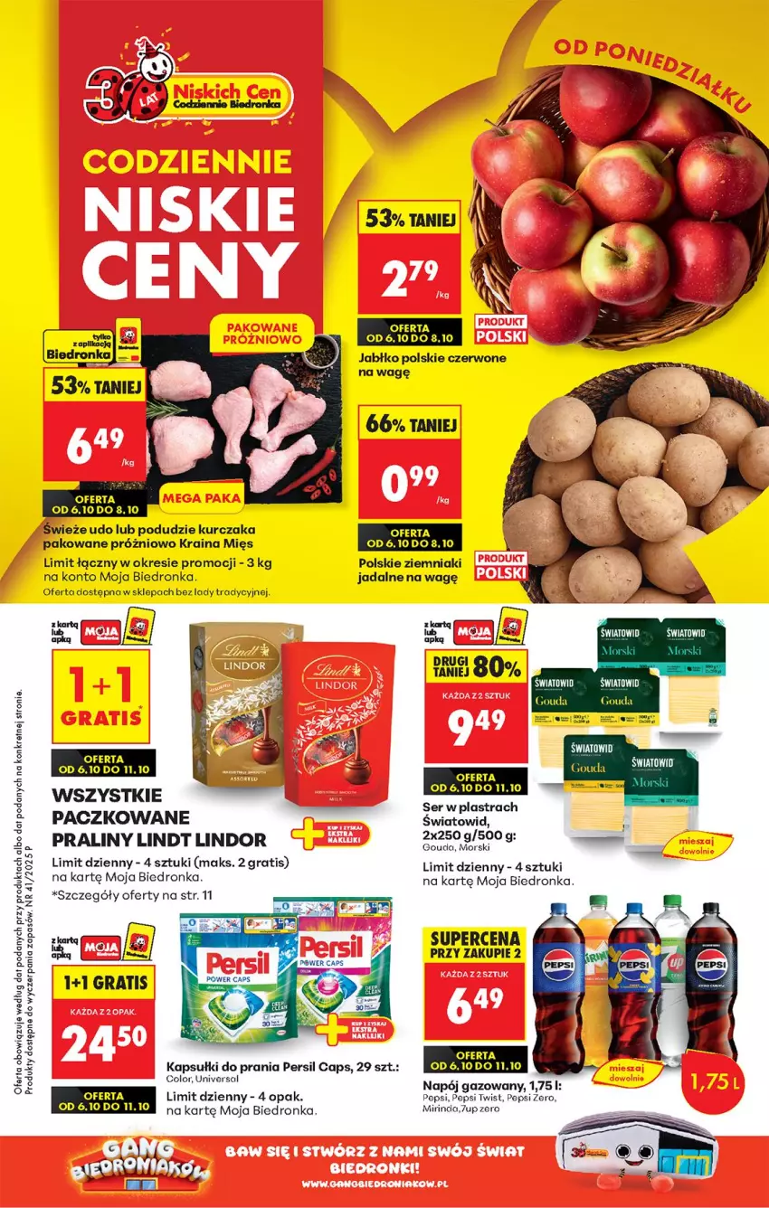 Gazetka promocyjna Biedronka - Od Poniedziałku - ważna 06.10 do 11.10.2025 - strona 1 - produkty: Fa, Gouda, Gra, Kapsułki do prania, Kurczak, Lindor, Lindt, Napój, Napój gazowany, Pepsi, Persil, Praliny, Ser, Ziemniaki