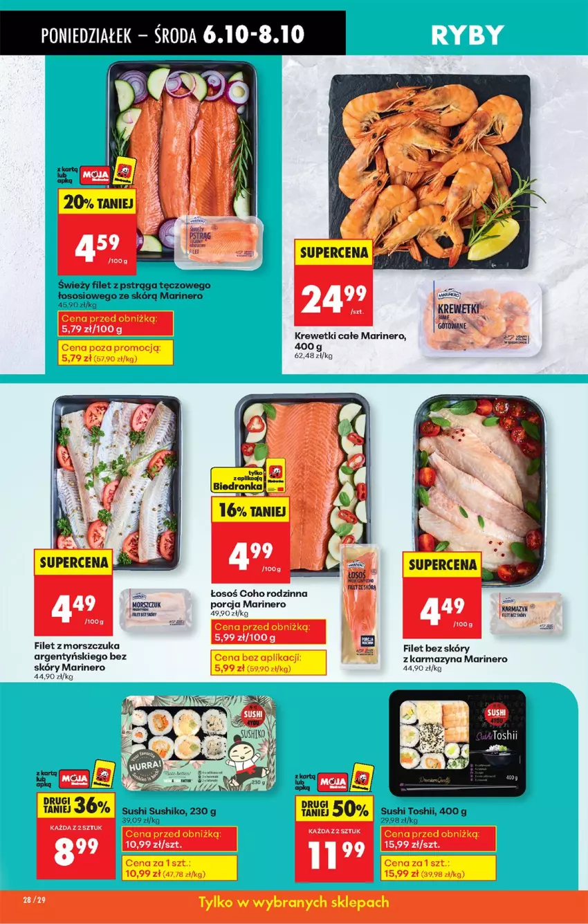 Gazetka promocyjna Biedronka - Od Poniedziałku - ważna 06.10 do 11.10.2025 - strona 34 - produkty: Filet z pstrąga, Krewetki, Por, Pstrąg, Sos, Stek, Sushi