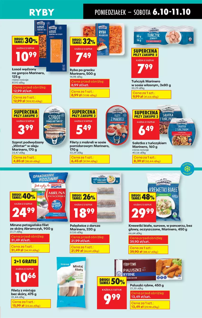 Gazetka promocyjna Biedronka - Od Poniedziałku - ważna 06.10 do 11.10.2025 - strona 35 - produkty: Dorsz, Gra, Krewetki, Mintaj, Miruna, Olej, Paluszki rybne, Ryba, Ryba po grecku, Sałat, Sałatka, Sos, Szprot, Tago, Tuńczyk