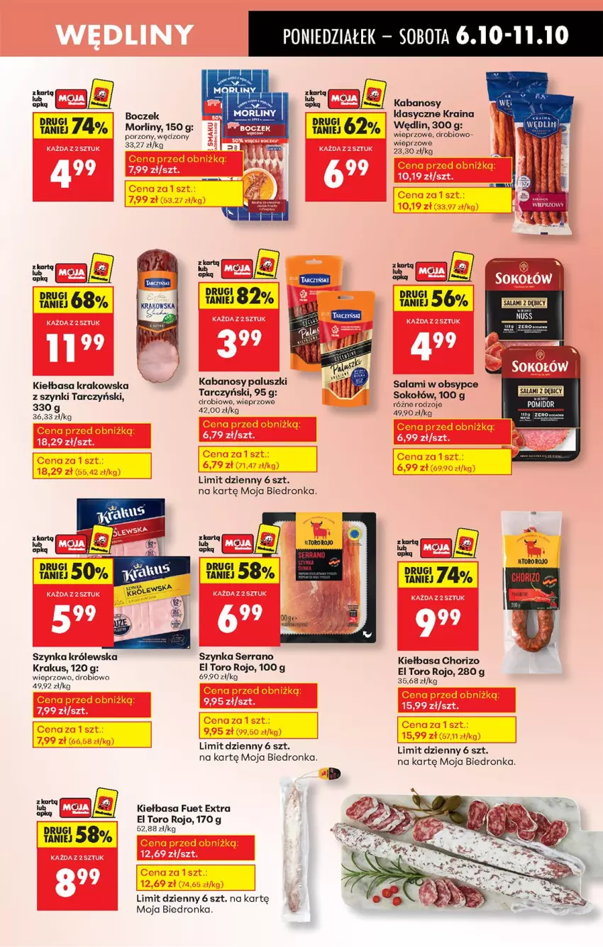 Gazetka promocyjna Biedronka - Od Poniedziałku - ważna 06.10 do 11.10.2025 - strona 37 - produkty: Boczek, Kabanos, Kiełbasa, Kiełbasa krakowska, Krakus, Morliny, Salami, Ser, Sok, Sokołów, Szynka, Szynka Królewska, Tarczyński