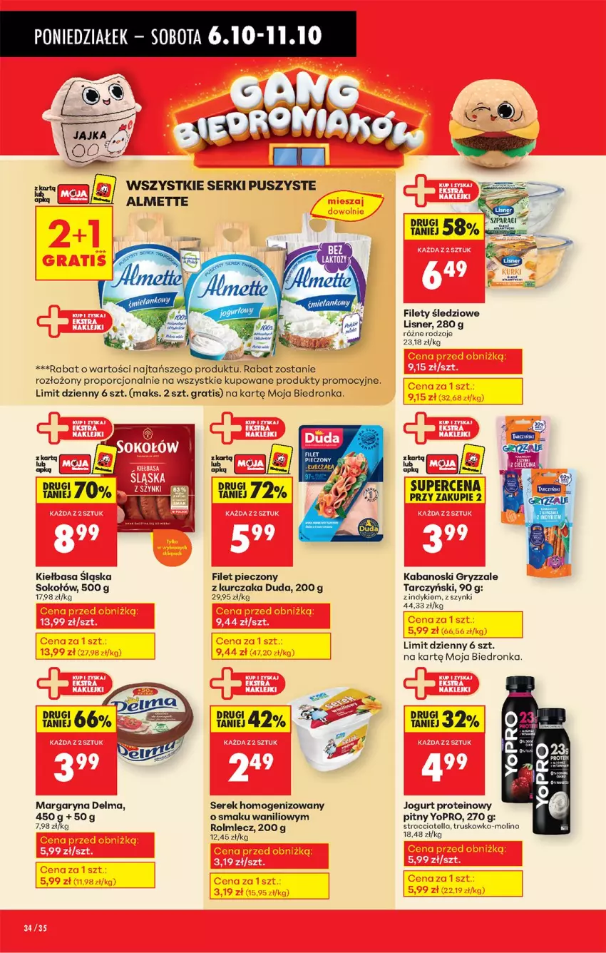 Gazetka promocyjna Biedronka - Od Poniedziałku - ważna 06.10 do 11.10.2025 - strona 40 - produkty: Delma, Duda, Gra, Gry, Jogurt, Kabanos, Kiełbasa, Kiełbasa śląska, Kurczak, Lisner, Margaryna, Piec, Por, Rolmlecz, Ser, Serek, Serek homogenizowany, Sok, Sokołów, Tarczyński