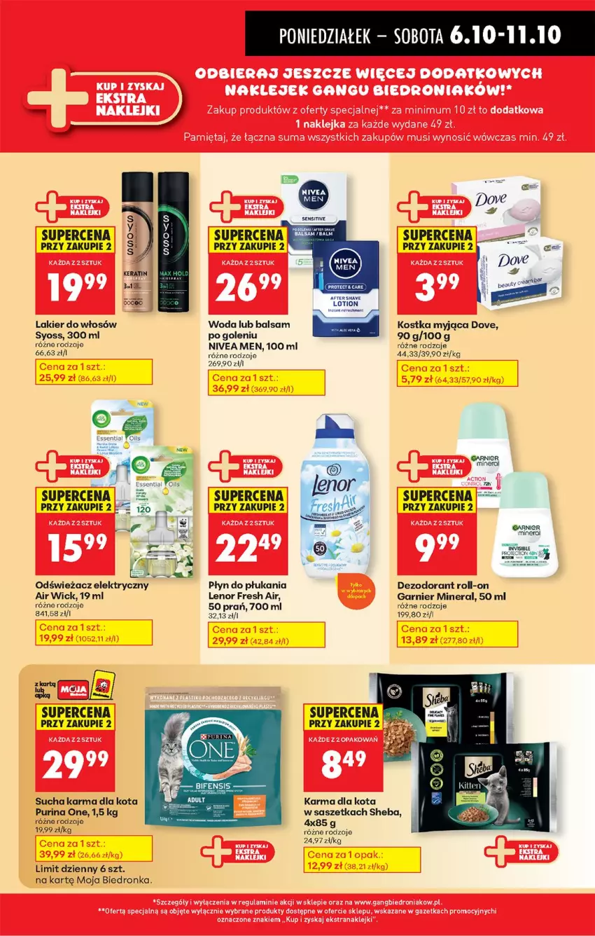 Gazetka promocyjna Biedronka - Od Poniedziałku - ważna 06.10 do 11.10.2025 - strona 43 - produkty: Air Wick, Dezodorant, Dove, Fa, Garnier, Kostka myjąca, Lakier, Lakier do włosów, Lenor, Nivea, Nivea Men, Płyn do płukania, Pur, Purina, Sheba, Sucha karma, Syoss, Woda