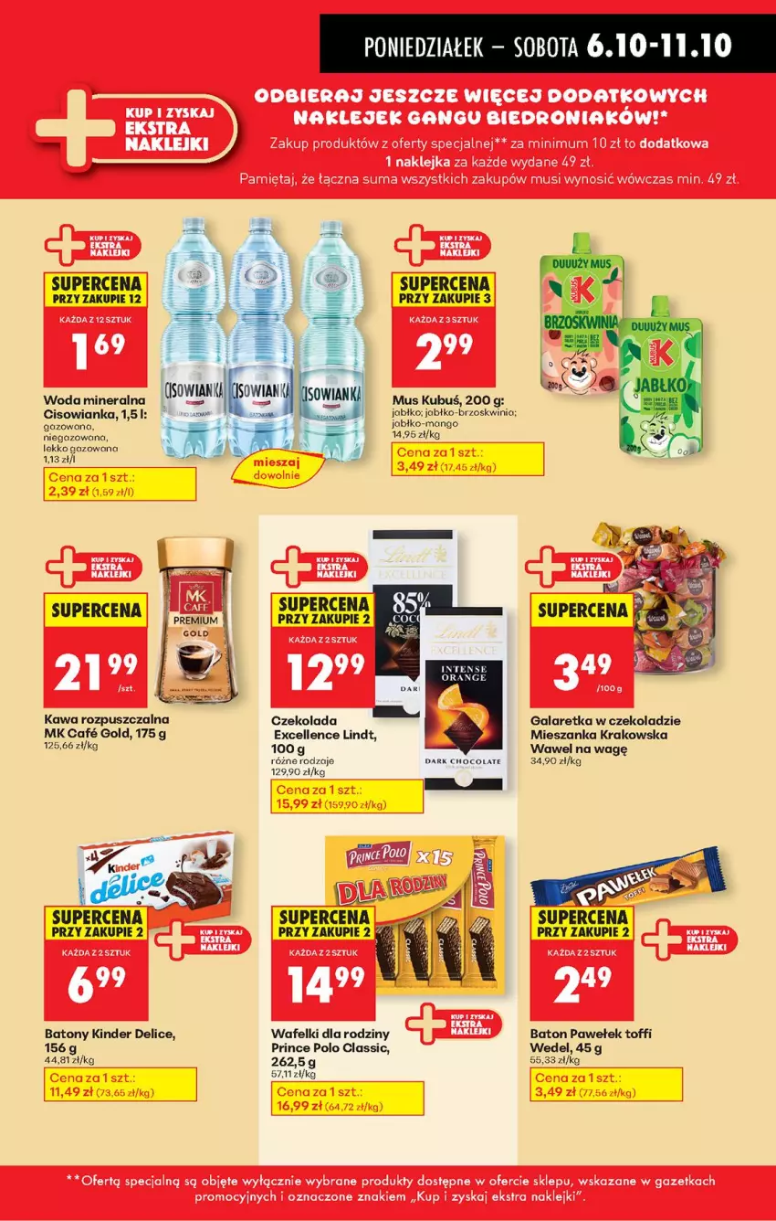 Gazetka promocyjna Biedronka - Od Poniedziałku - ważna 06.10 do 11.10.2025 - strona 44 - produkty: Baton, Cisowianka, Czekolada, Gala, Galaretka, Kawa, Kawa rozpuszczalna, Kinder, Kubuś, Lindt, Mango, Mus, Prince Polo, Wawel, Woda, Woda mineralna