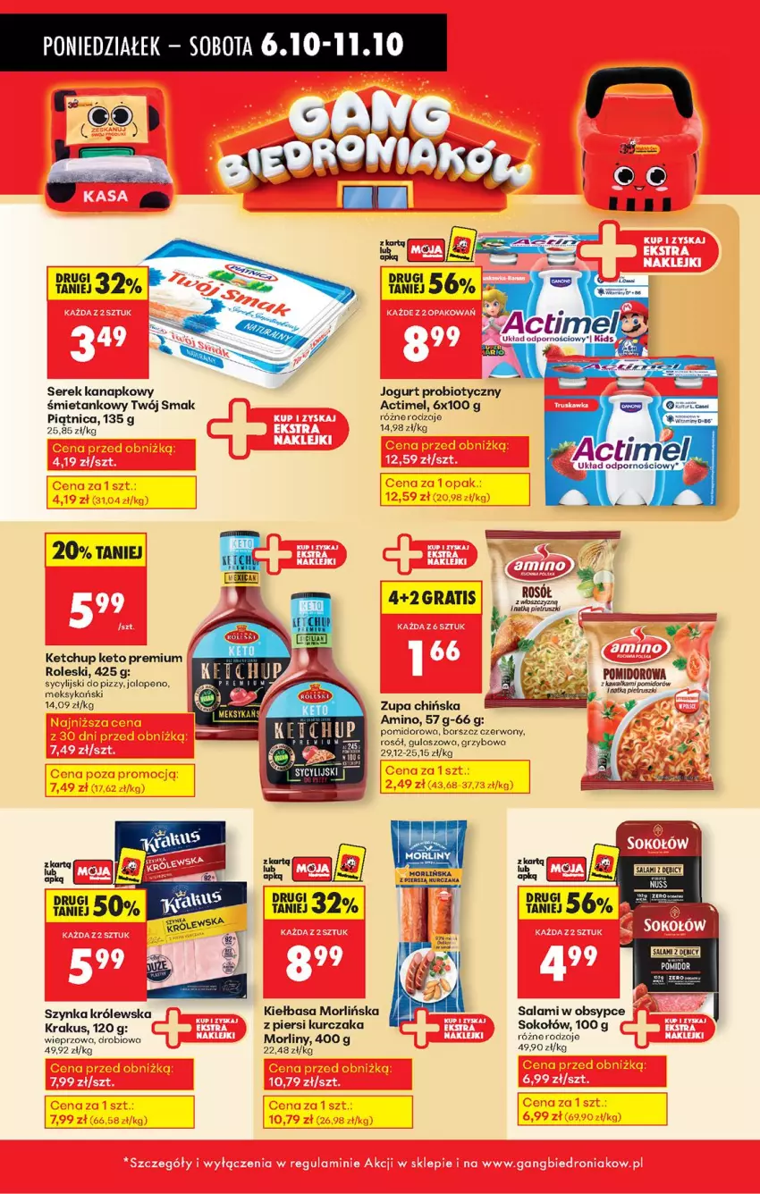 Gazetka promocyjna Biedronka - Od Poniedziałku - ważna 06.10 do 11.10.2025 - strona 46 - produkty: Actimel, Gra, Jogurt, Kawa, Ketchup, Kiełbasa, Krakus, Kurczak, Morliny, Piątnica, Rosół, Salami, Ser, Serek, Serek kanapkowy, Sok, Sokołów, Szynka, Szynka Królewska, Twój Smak, Zupa