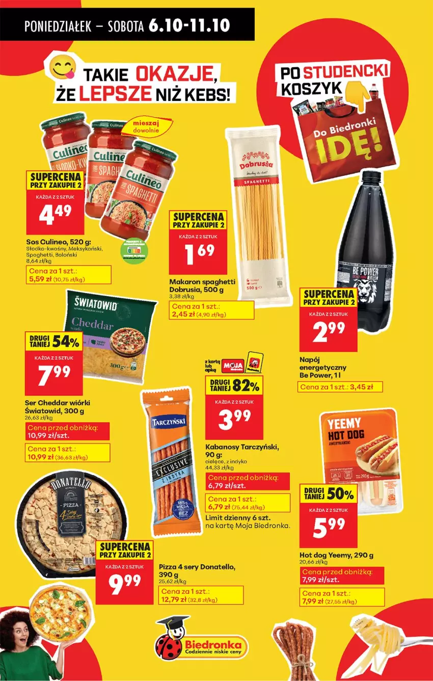 Gazetka promocyjna Biedronka - Od Poniedziałku - ważna 06.10 do 11.10.2025 - strona 57 - produkty: Cheddar, Hot dog, Kabanos, Makaron, Napój, Obrus, Pizza, Ser, Sos, Spaghetti, Tarczyński