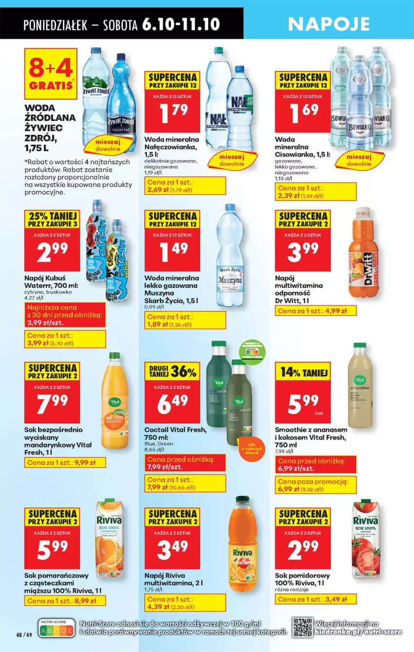 Gazetka promocyjna Biedronka - Od Poniedziałku - ważna 06.10 do 11.10.2025 - strona 60 - produkty: Ananas, Cisowianka, Fa, Gra, Kokos, Kubuś, LANA, Mus, Nałęczowianka, Napój, Napoje, Por, Smoothie, Sok, Sok pomarańczowy, Sok pomidorowy, Szyna, Woda, Woda mineralna