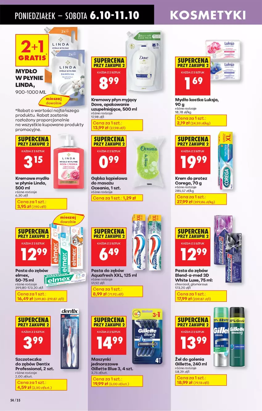 Gazetka promocyjna Biedronka - Od Poniedziałku - ważna 06.10 do 11.10.2025 - strona 68 - produkty: Aquafresh, Blend-a-Med, Corega, Dove, Elmex, Gillette, Gra, Luksja, Mydło, Mydło w płynie, Pasta do zębów, Por, Szczoteczka